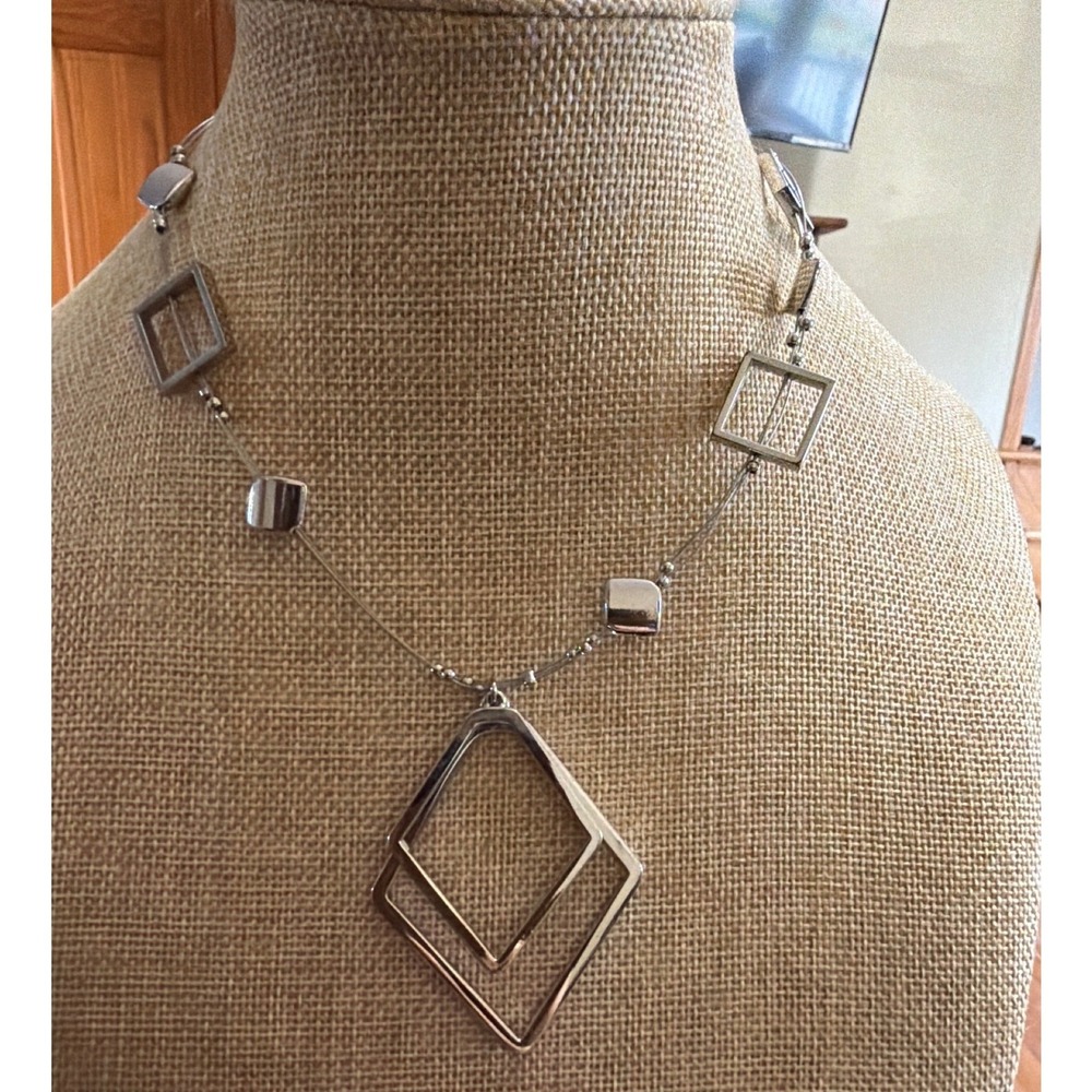 NY New York & Company Silver Tone Geometric Double Diamond Pendant Necklace
